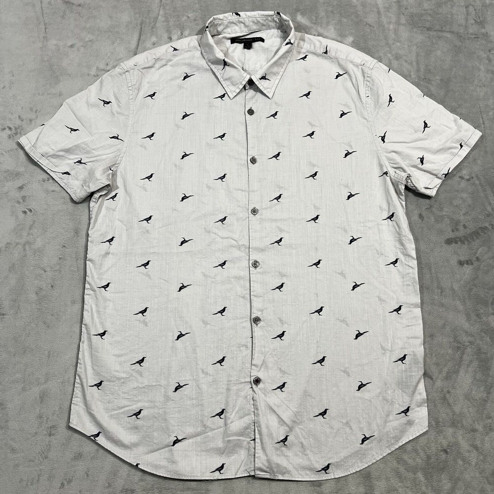 John Varvatos White Casual Button Down Shirt with Black Bird Pattern